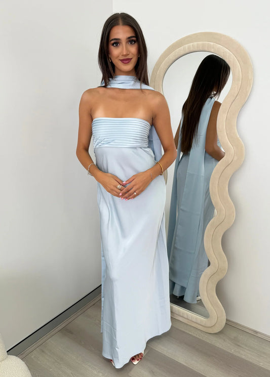 Elsa Strapless Scarf Maxi dress in ice Blue
