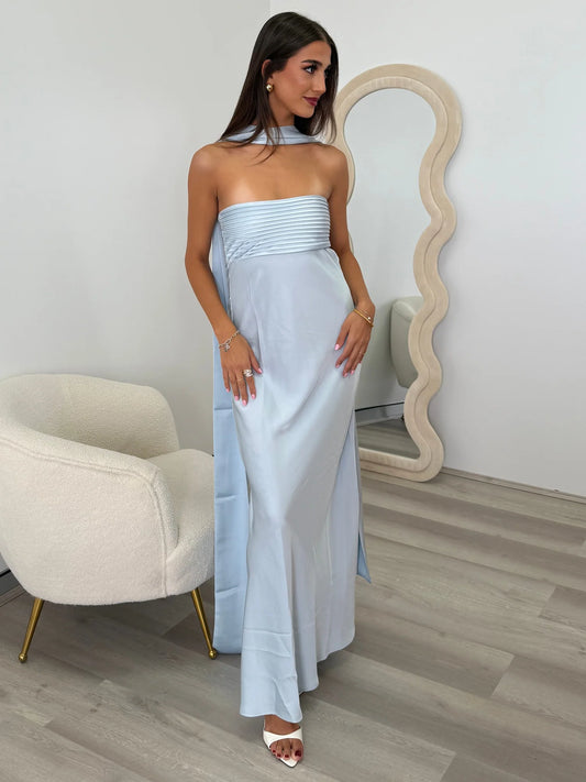 Elsa Strapless Scarf Maxi dress in ice Blue